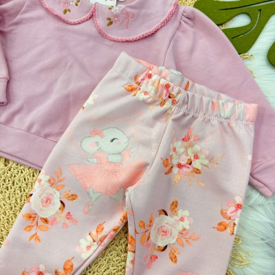 Conj. Casaco Gola Bordada Lacinhos e Calça Legging Ratinhas Bailarinas - Lilás